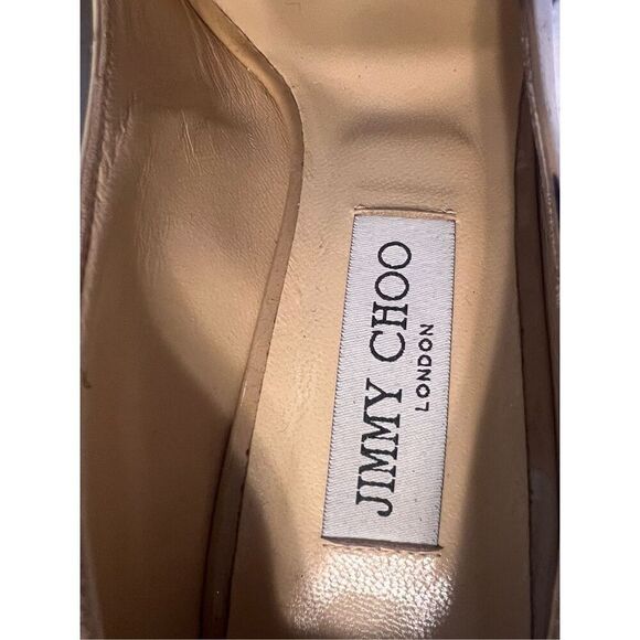 Jimmy Choo Sz 40.5 Open Toe Pump Heels Tan Patent Leather Classic Iconic Formal - Picture 8 of 16